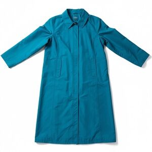 LL Bean Long Waterproof Rain Coat Plaid Lined Spring Trench Coat Teal Large